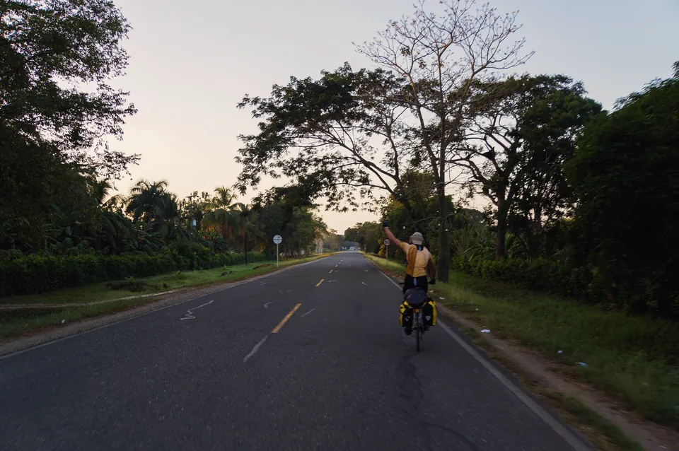 A rider raises an arm at dawn on an empty tree-lined road in Colombia.