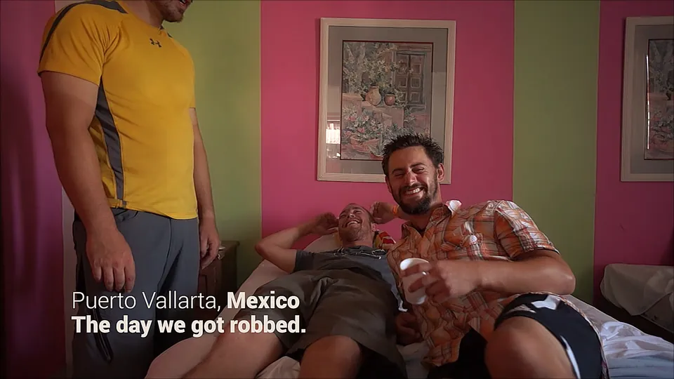 Two riders in a hotel room the morning after. Caption: Puerto Vallarta, Mexico. The day we got robbed.